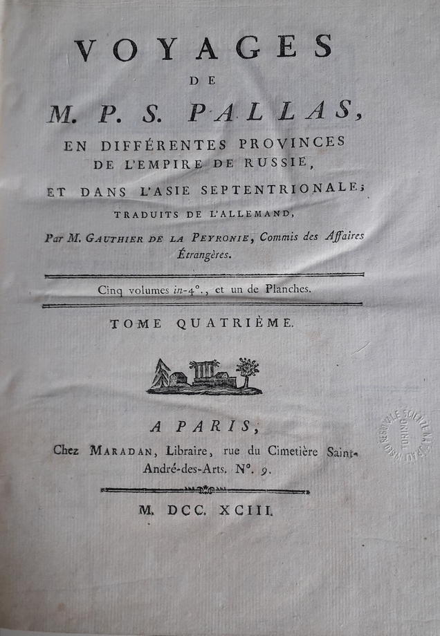Copertina di "Voyages de M.P.S. Pallas", conservato presso il Museo Regionale di Scienze Naturali di Torino